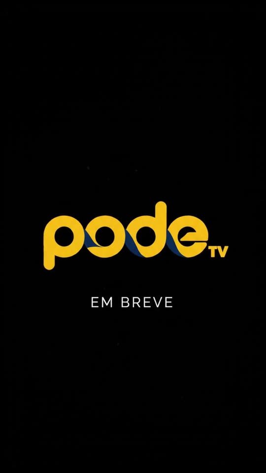 Logotipo da PODETV em amarelo sobre fundo preto, com a frase "Em breve".
